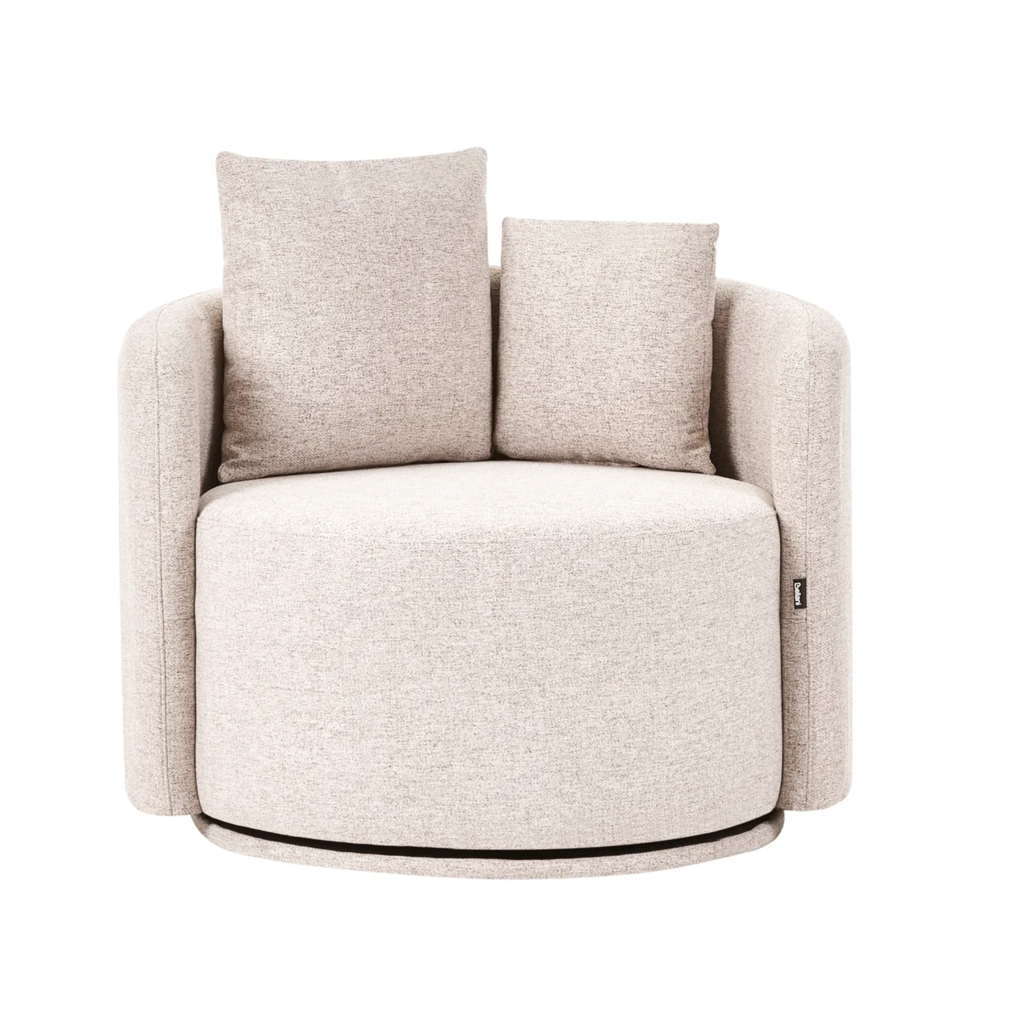 A modern round upholstered swivel armchair in a light beige textured fabric, featuring two matching square back cushions and a slim black circular base trim, shown against a plain white background.
