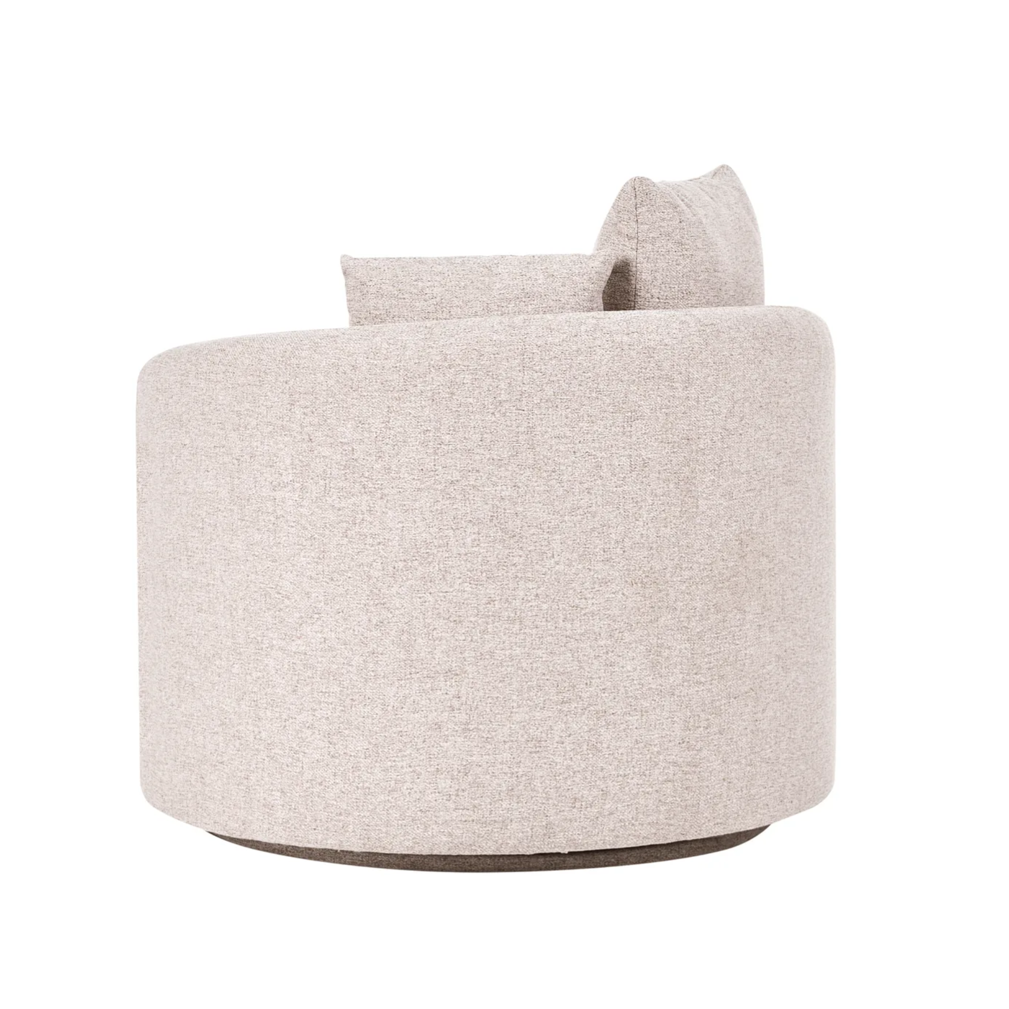 A modern round upholstered accent chair in a light beige textured fabric, shown from a side angle against a plain white background.