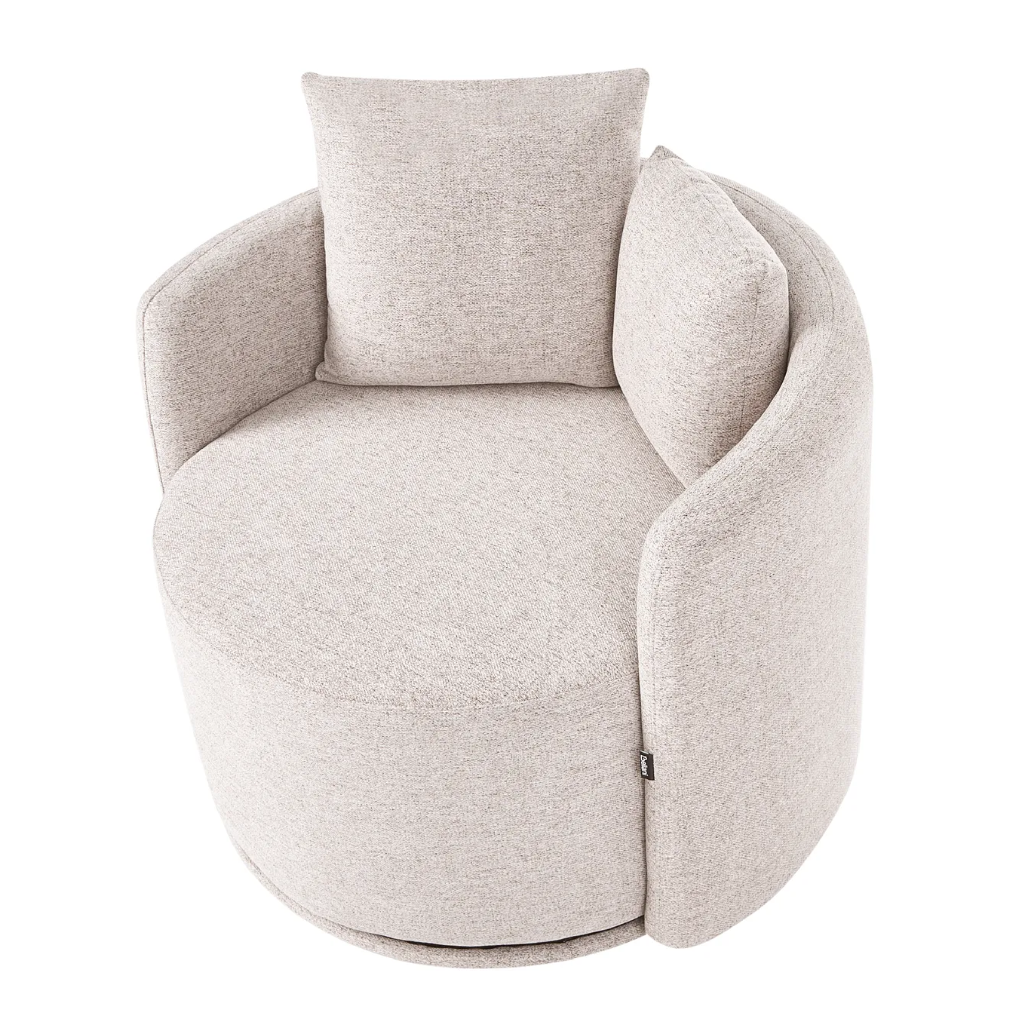 A modern round upholstered accent chair in a light beige textured fabric, featuring a matching square back cushion and a curved armrest, shown on a solid white background.