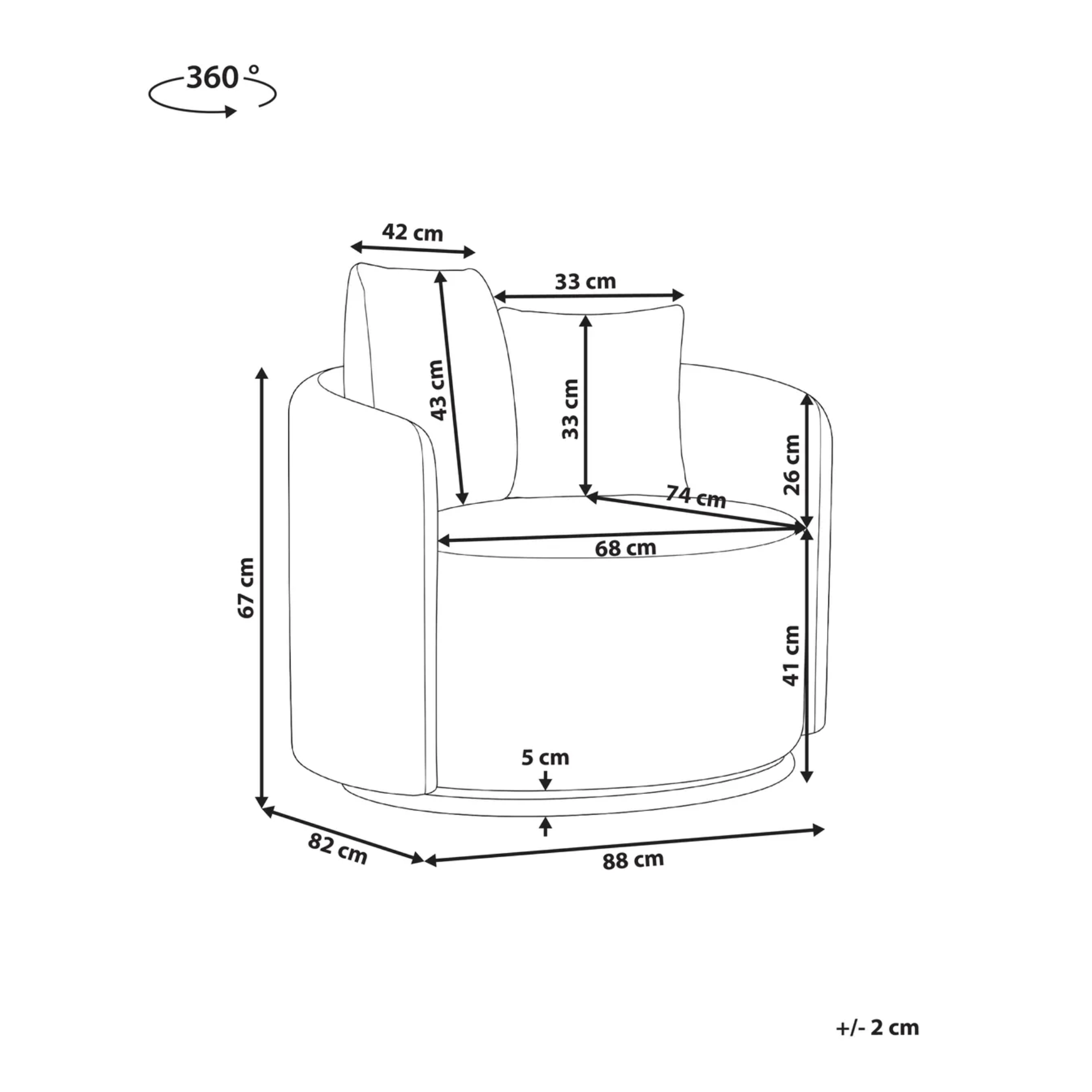 Black and white line drawing of an armchair with dimension labels and measurements around the product, including a 360° rotation indicator.