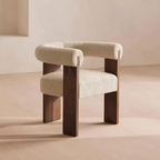 Dining Chair with wooden legs and beige cushioned seat and backrest on a neutral background