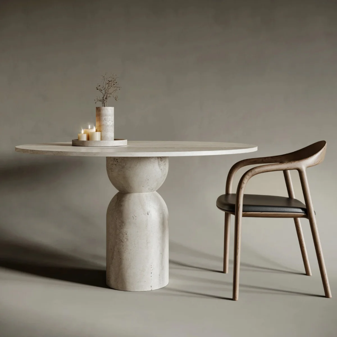 Stone Top Dining Room Table and a chair against a plain background