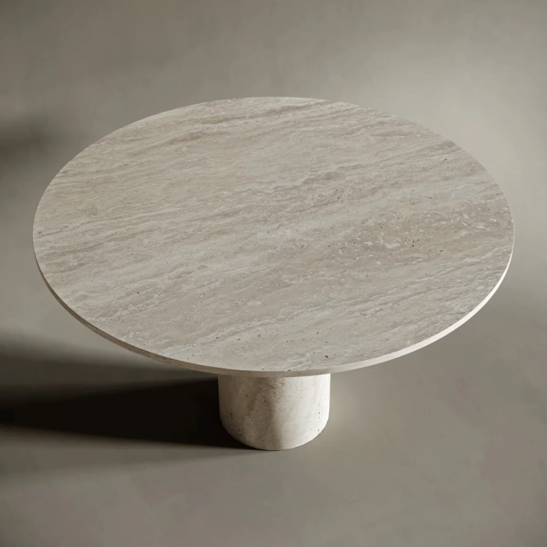 Round stone table with a cylindrical base on a neutral background