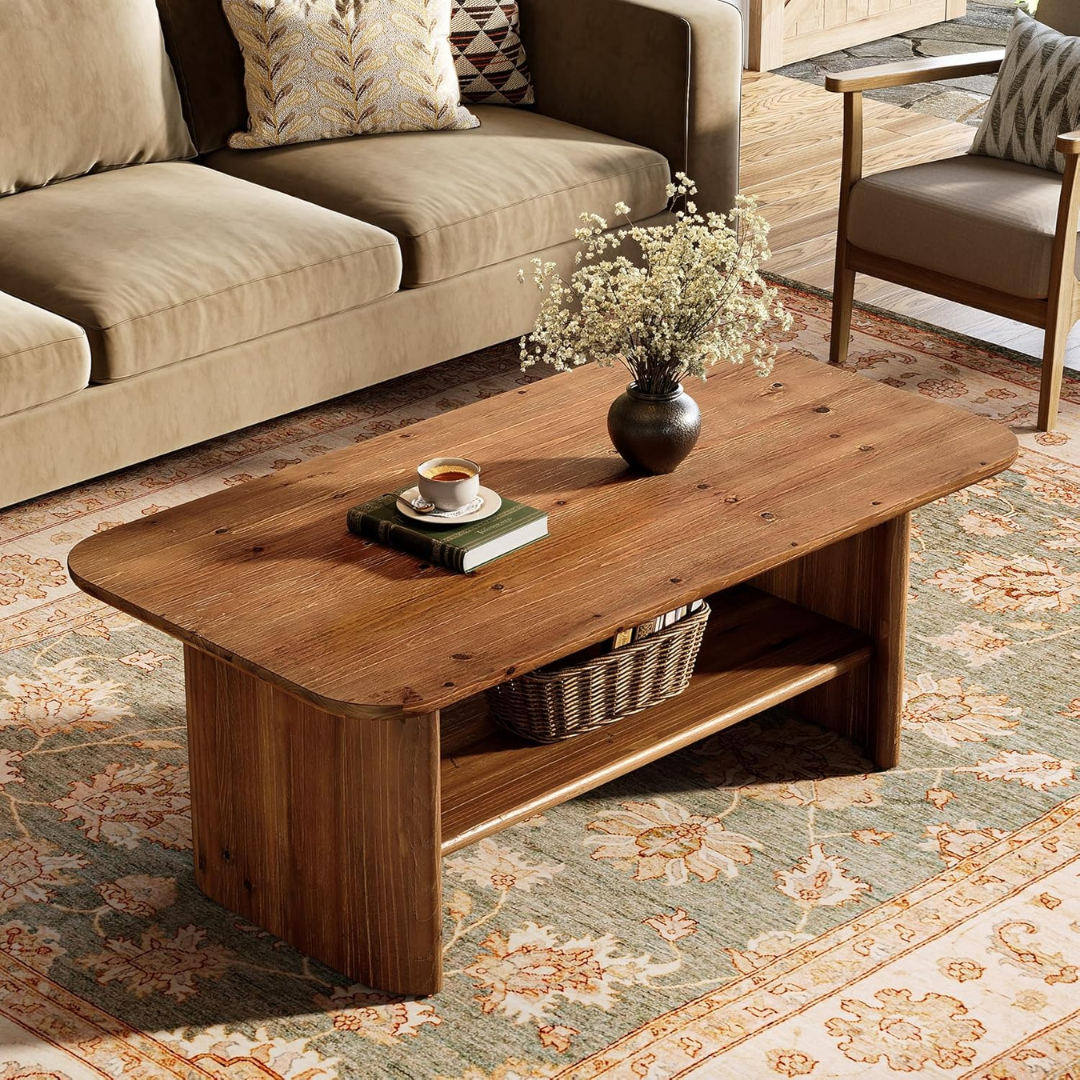 Solid Wood Large Rectangular Coffee table with decorative items in a living room setting