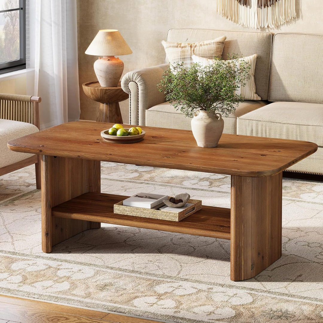 Solid Wood Large Rectangular Coffee table in a living room setting with a vase of flowers and fruit bowl.