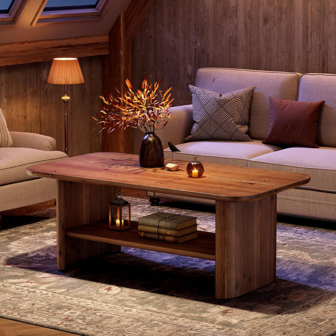 Cozy living room with a Solid Wood Large Rectangular Coffee table, sofa, and decorative elements.