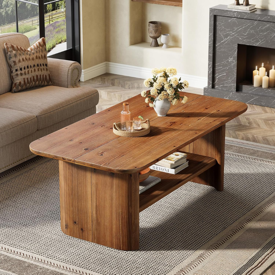 Solid Wood Large Rectangular Coffee table in a living room with a vase of flowers and books.