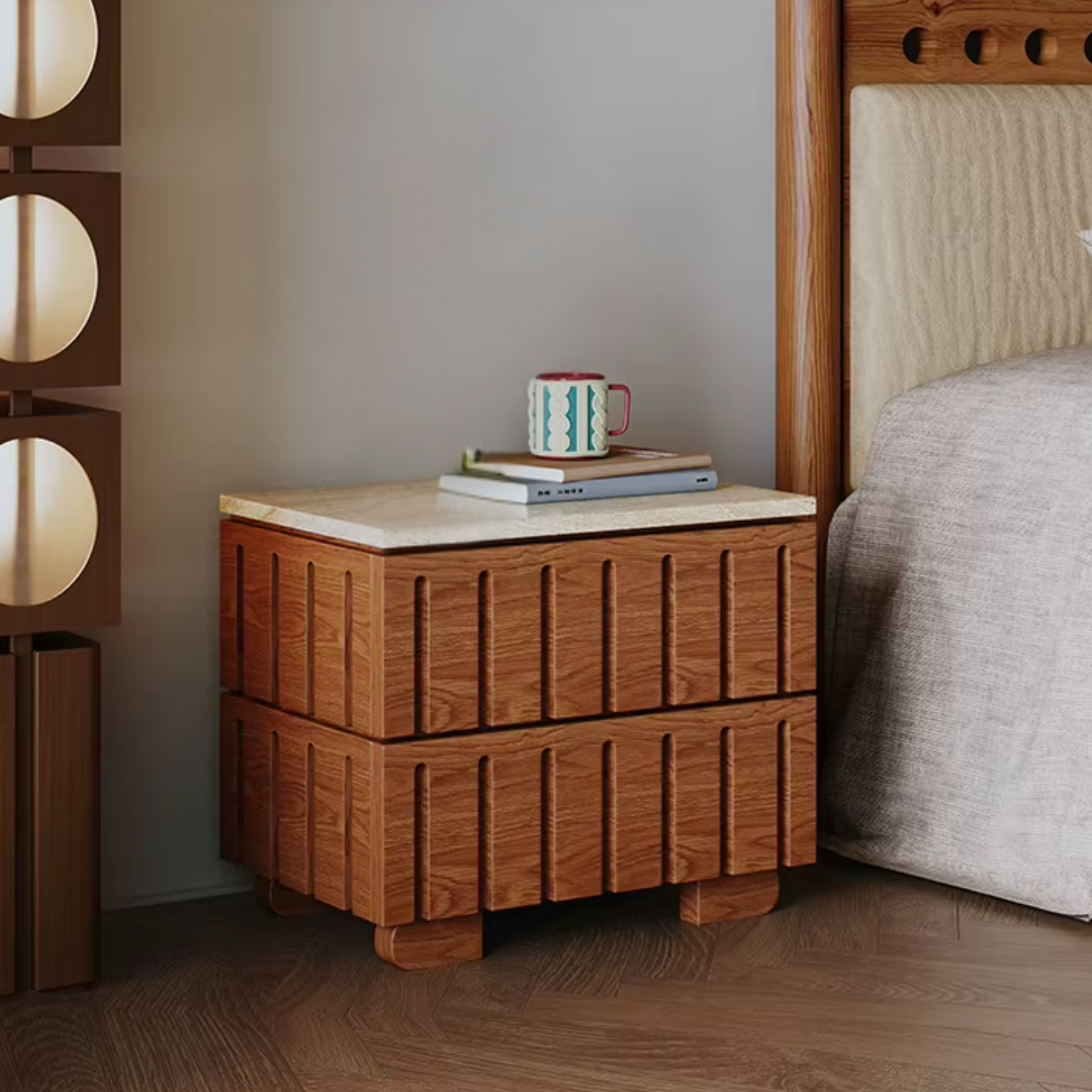 Walnut Fluted Bedside Table with Travertine Stone Top