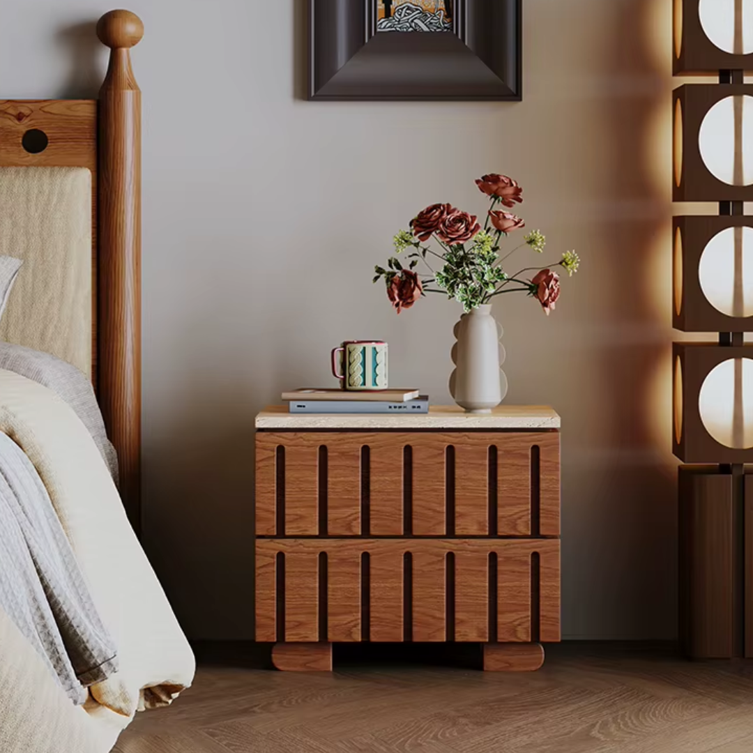 Walnut Fluted Bedside Table with Travertine Stone Top in a mid century style bedroom