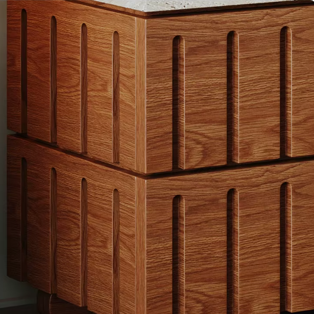 Walnut Fluted Bedside Table with Travertine Stone Top close up