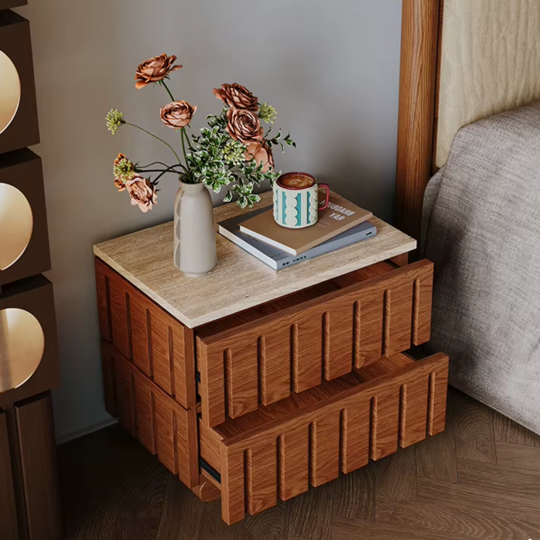 Mila Walnut Fluted Bedside Table with Travertine Stone Top