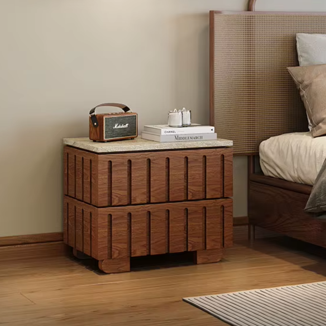  Fluted Bedside Table with Travertine Stone Top side view