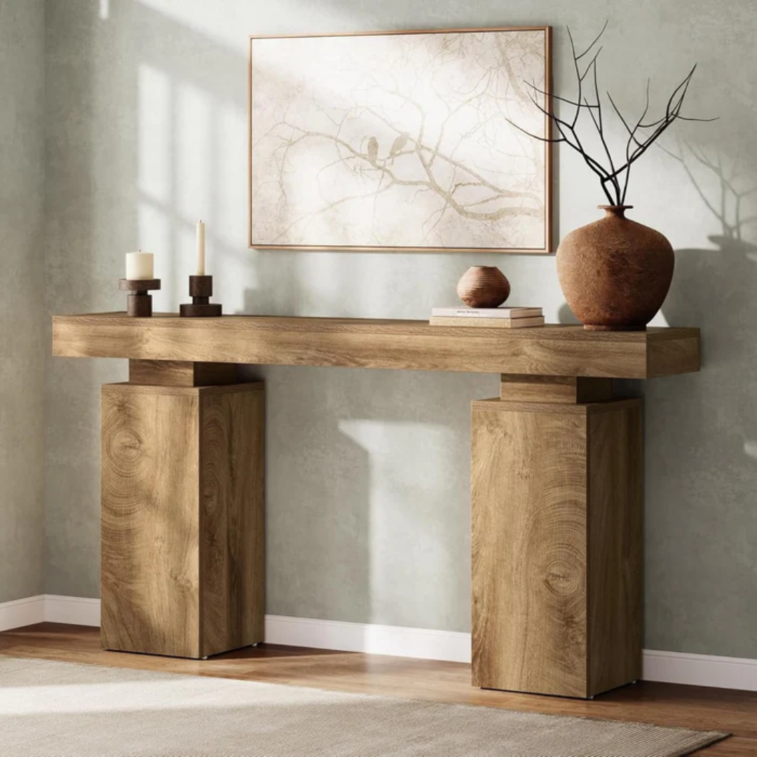  Rustic Chunky Wood Block Console Table with decorative items against a gray wall