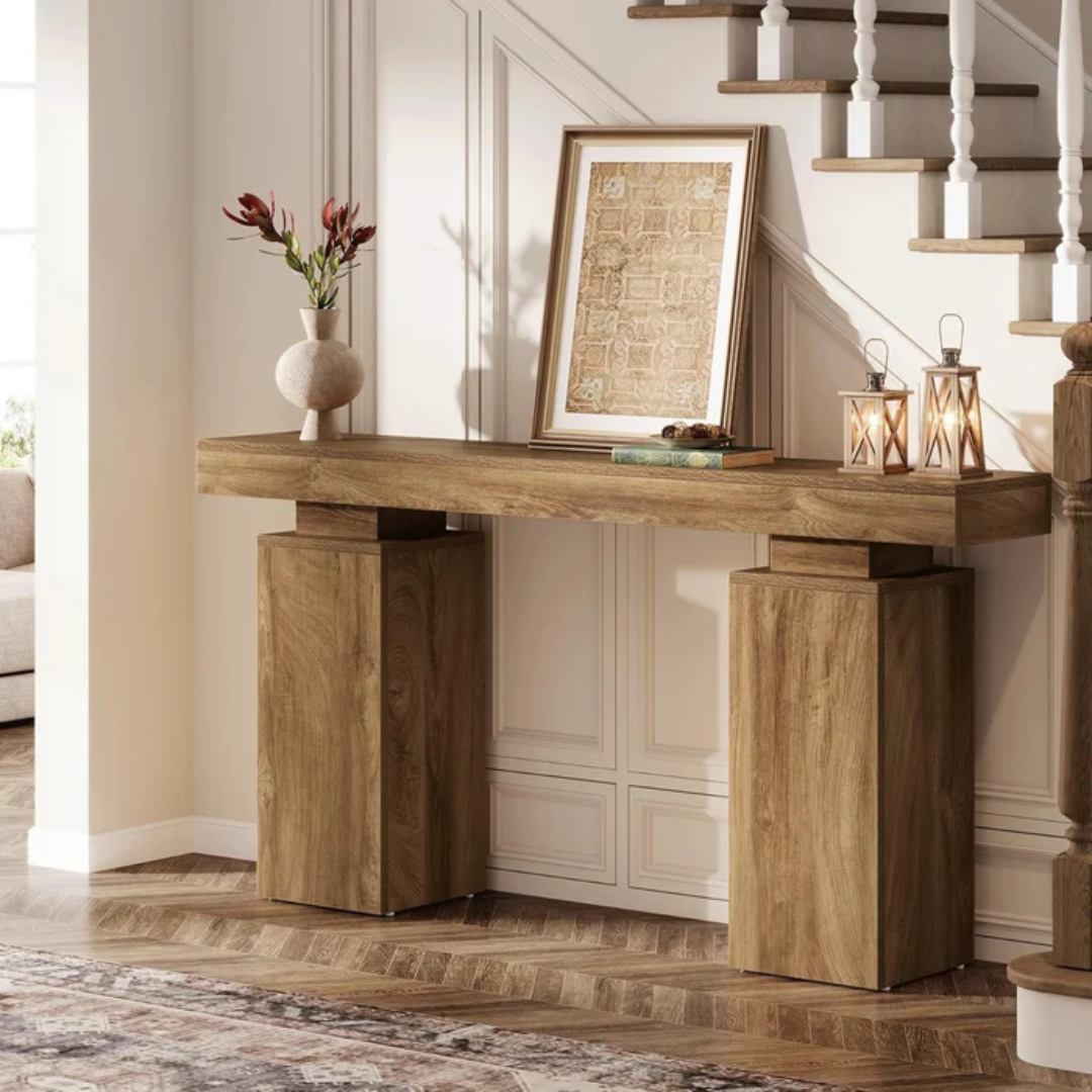 Rustic Chunky Wood Block Console Table in a room with a staircase and decorative items.