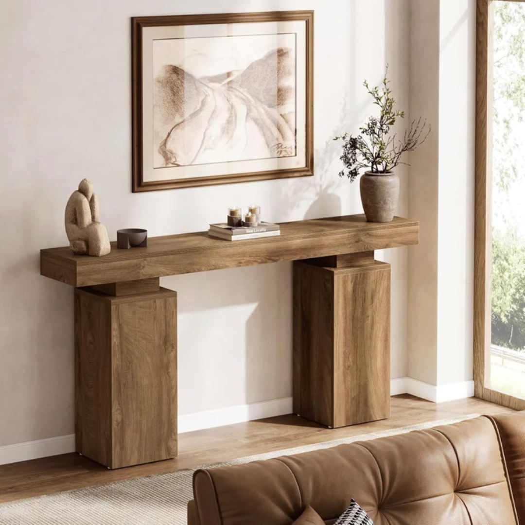Rustic Chunky Wood Block Console Table  in a living room with decor items and a sofa.