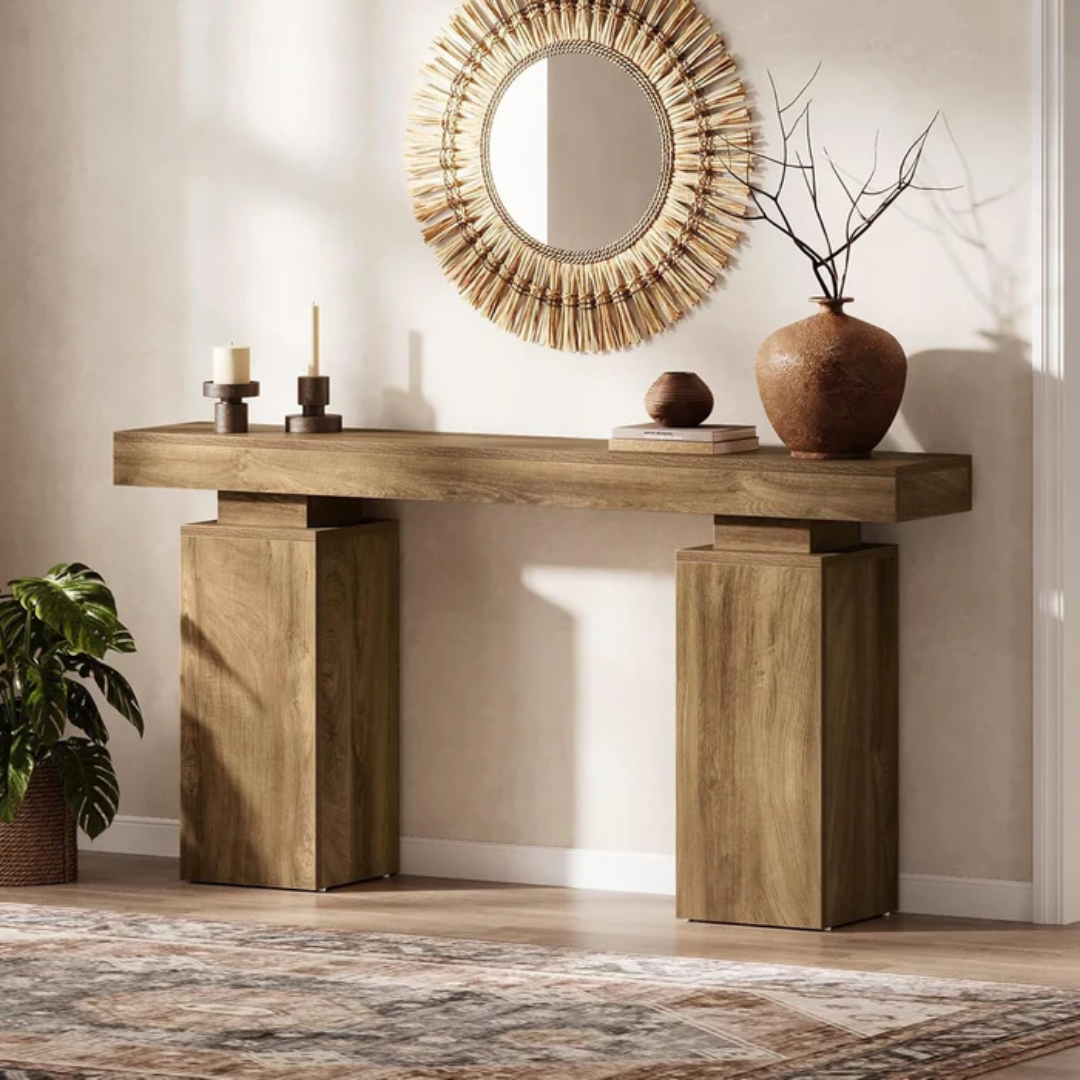Rustic Chunky Wood Block Console Table with decorative items in a room setting