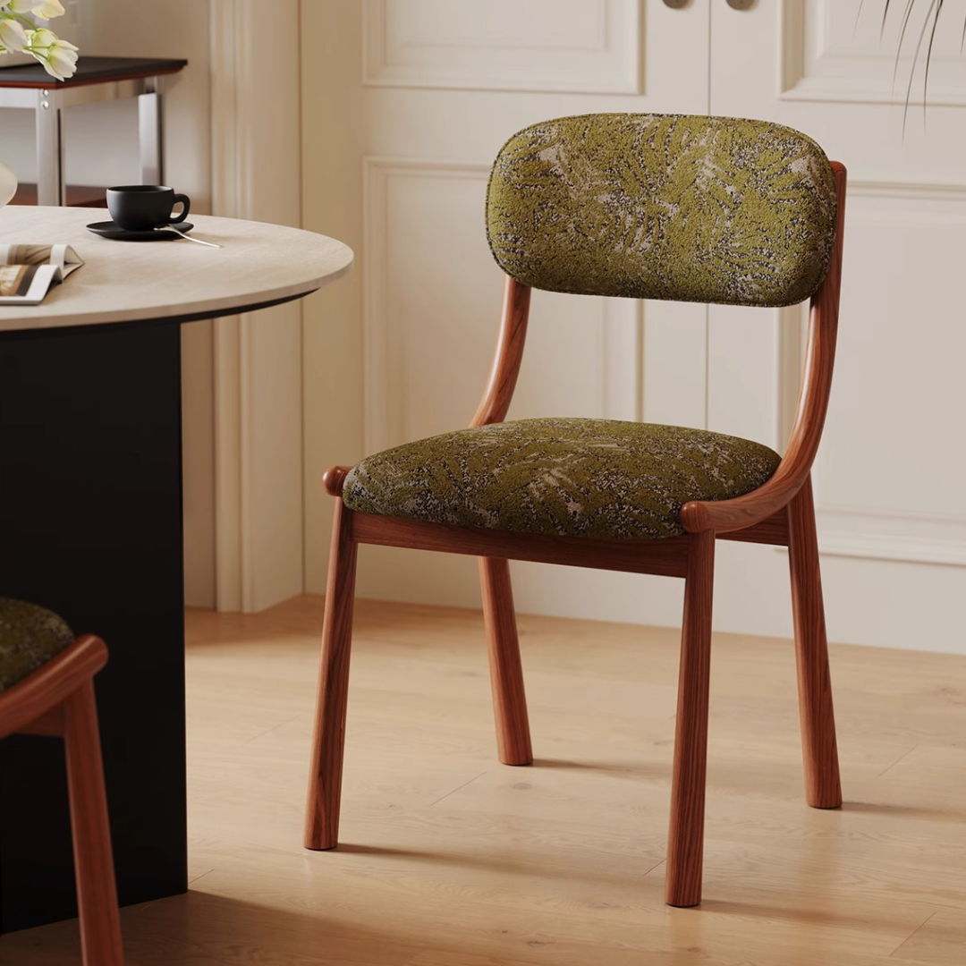  Green Fabric Dining Chair With Wooden Legs in a mid century dining room