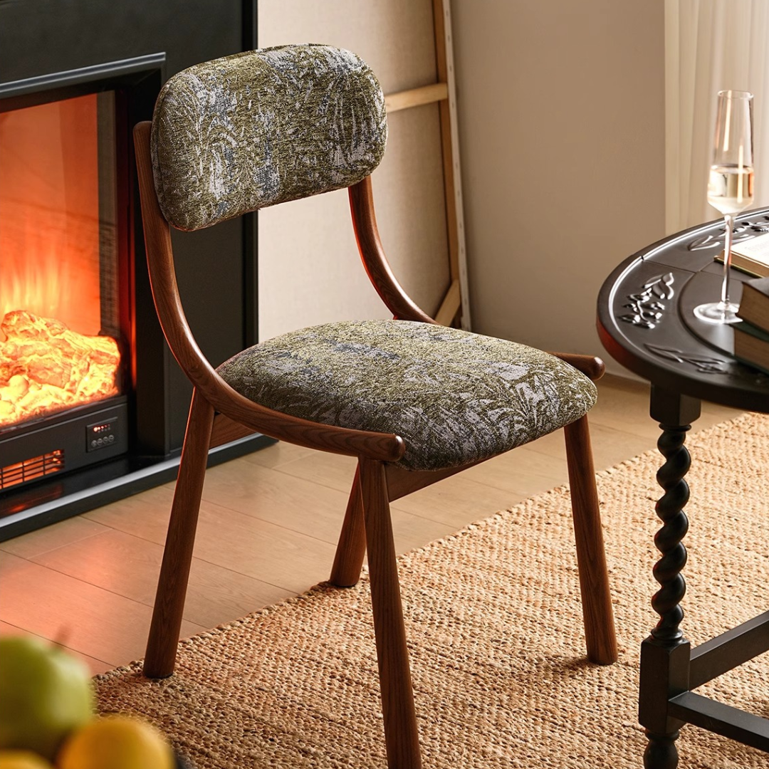 Moreno Patterned Green Fabric Dining Chair With Wooden Legs