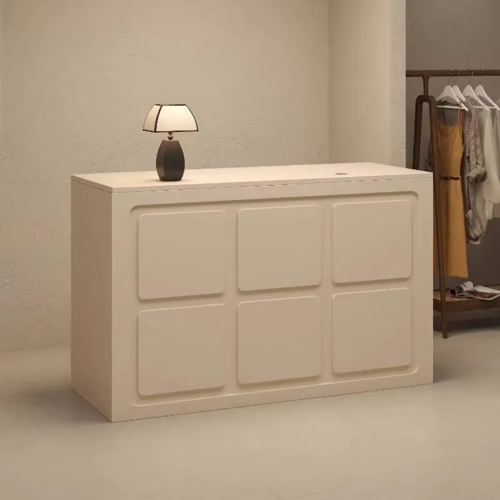 modern small reception desk in cream finish with panelled front design and clean minimalist silhouette