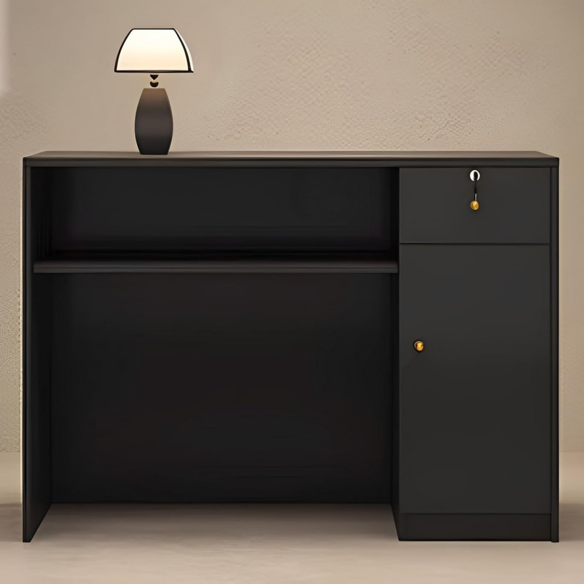 black reception desk with built-in storage featuring shelving, drawer and cabinet compartments