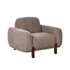 A modern boucle armchair upholstered in textured taupe fabric with dark brown wooden legs, shown against a plain white background.