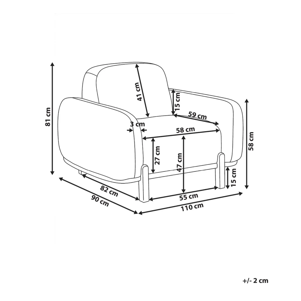A black and white line drawing of an armchair with dimension labels and measurements in centimeters, including 81 cm height, 90 cm width, 110 cm base width, and other vertical measurements.