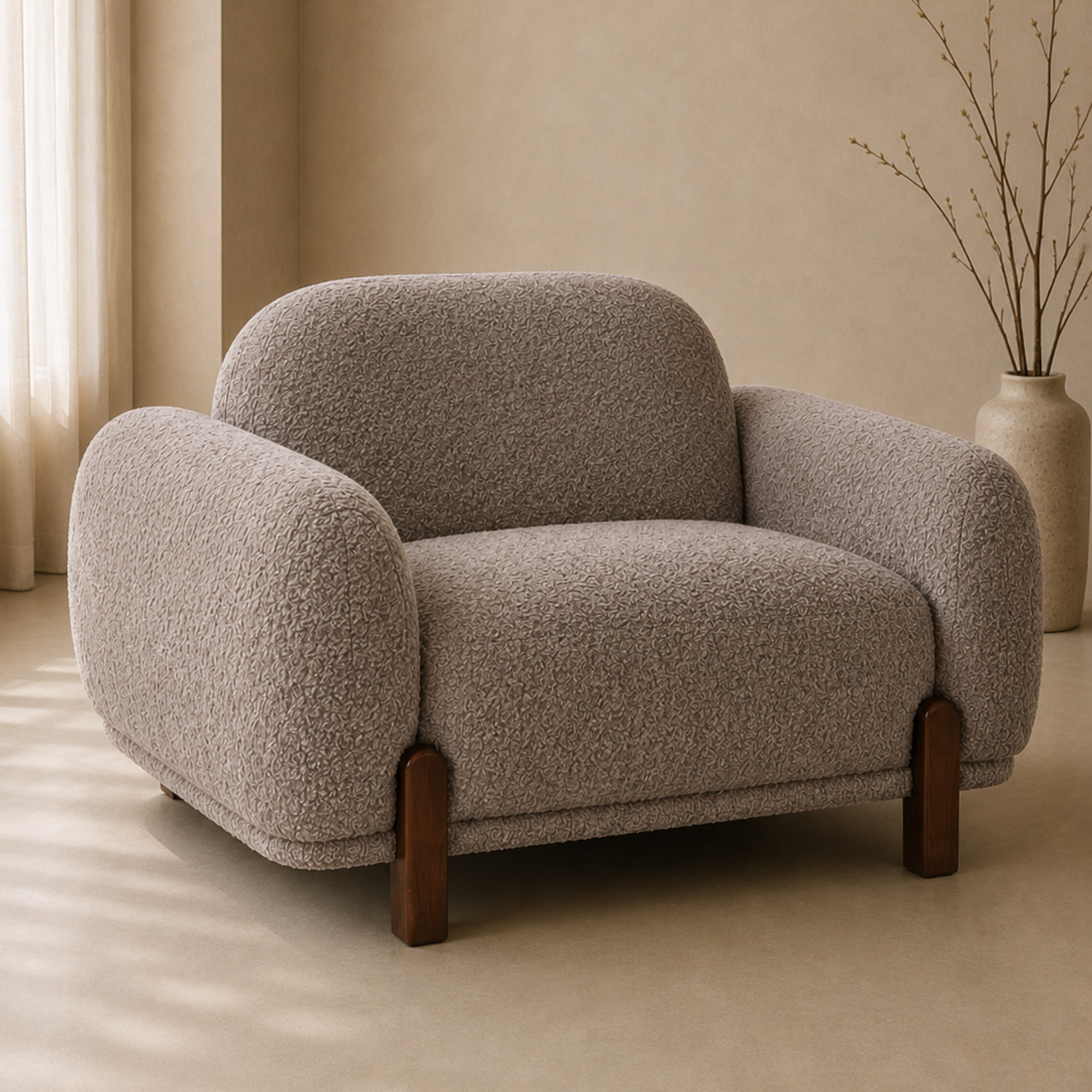 A modern low-profile armchair upholstered in a textured bouclé fabric in a warm taupe-beige color, with dark brown wooden legs, set in a minimalist beige room.