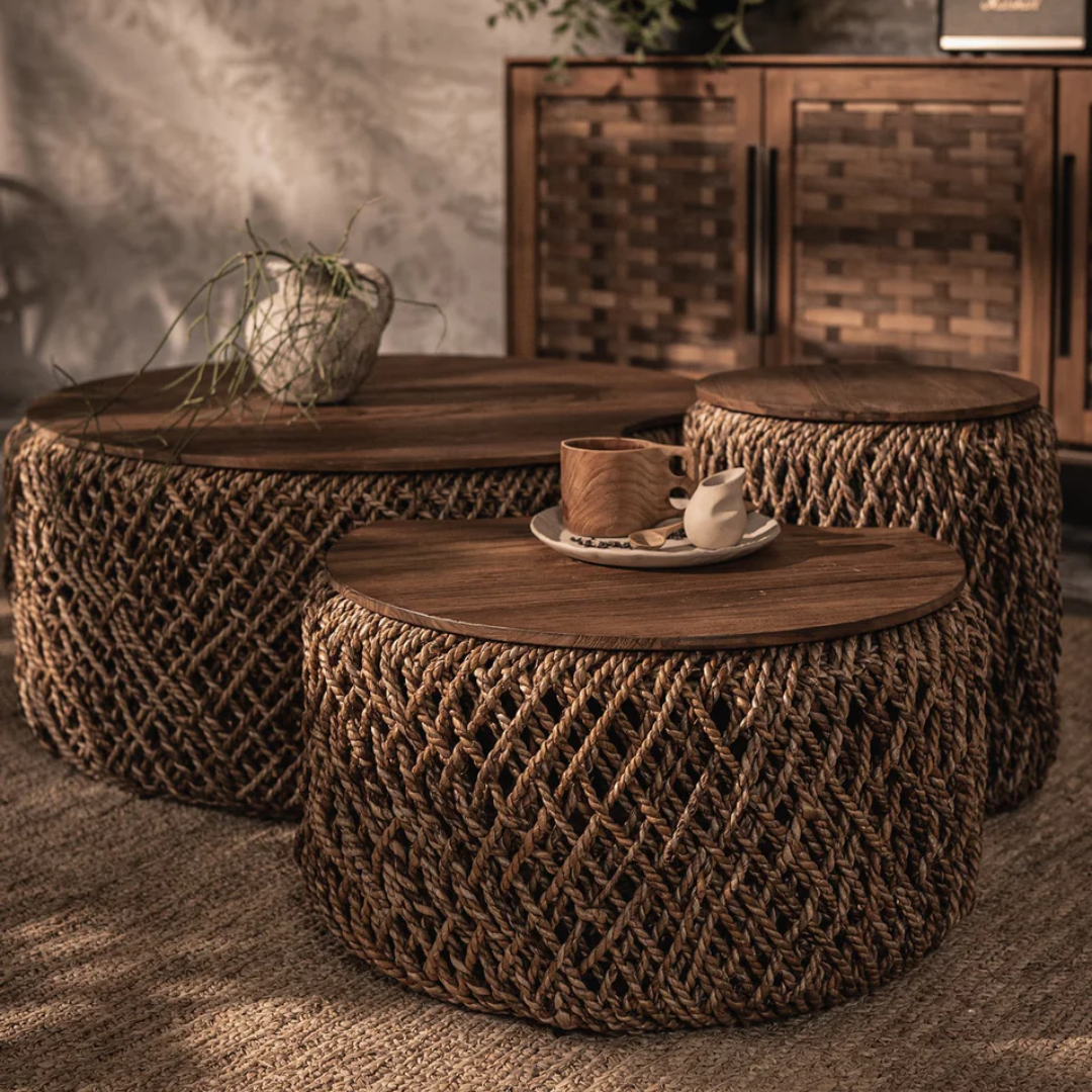 Wicker Coffee Table With Storage Basket close up view in a boho inspired living room