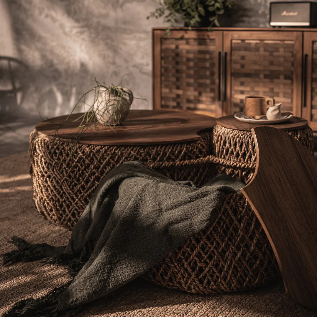 Wicker Coffee Table With Storage Basket front view in a boho inspired living room