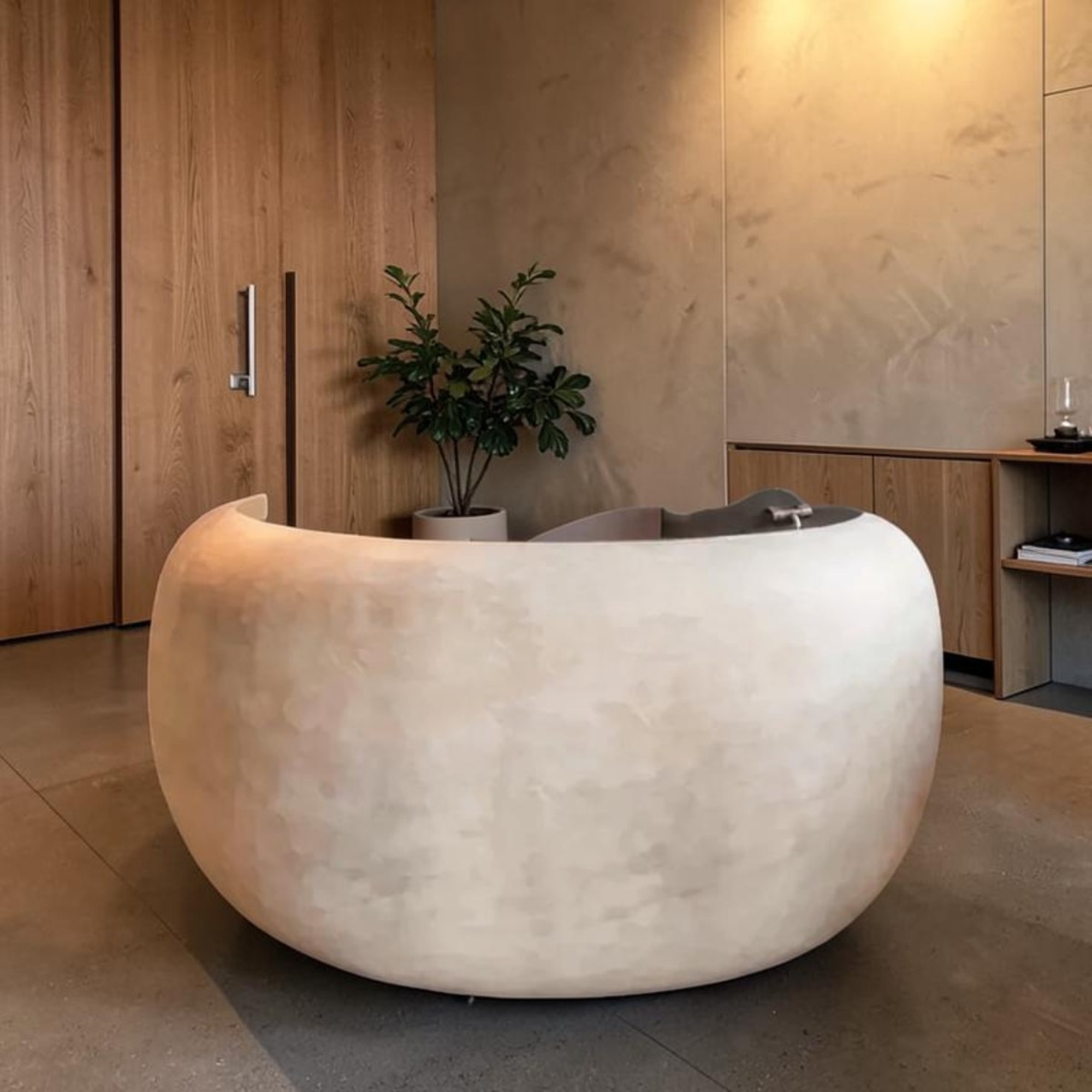 Modern Concrete Curved Reception Desk with wooden walls and a plant.