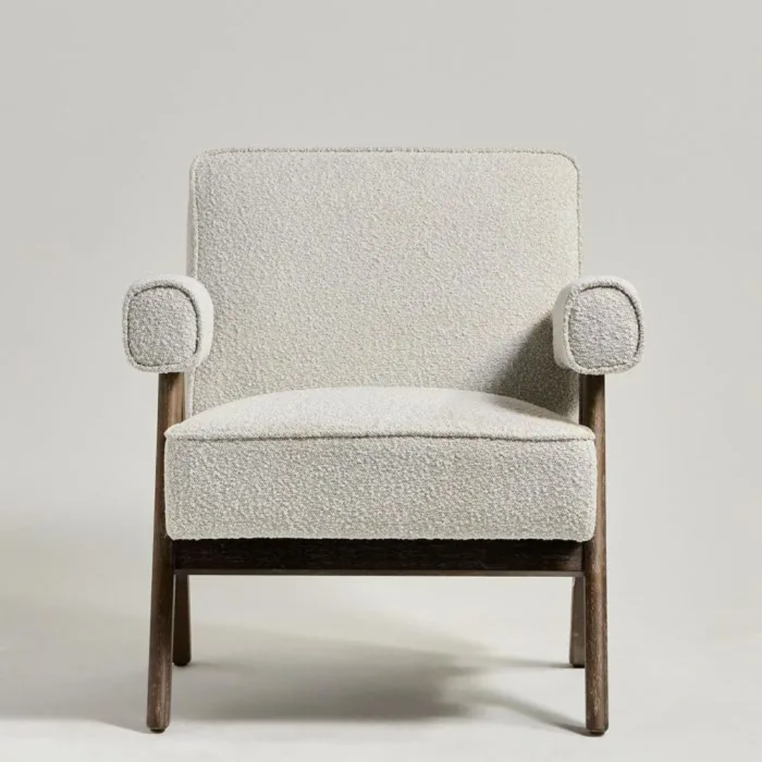  Boucle Fabric Statement Chair with textured backrest and armrests on a light gray background
