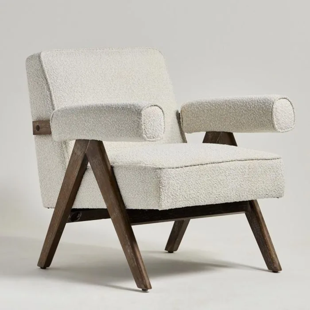  Boucle Fabric Statement Chair with white textured cushion and wooden frame on a light gray background