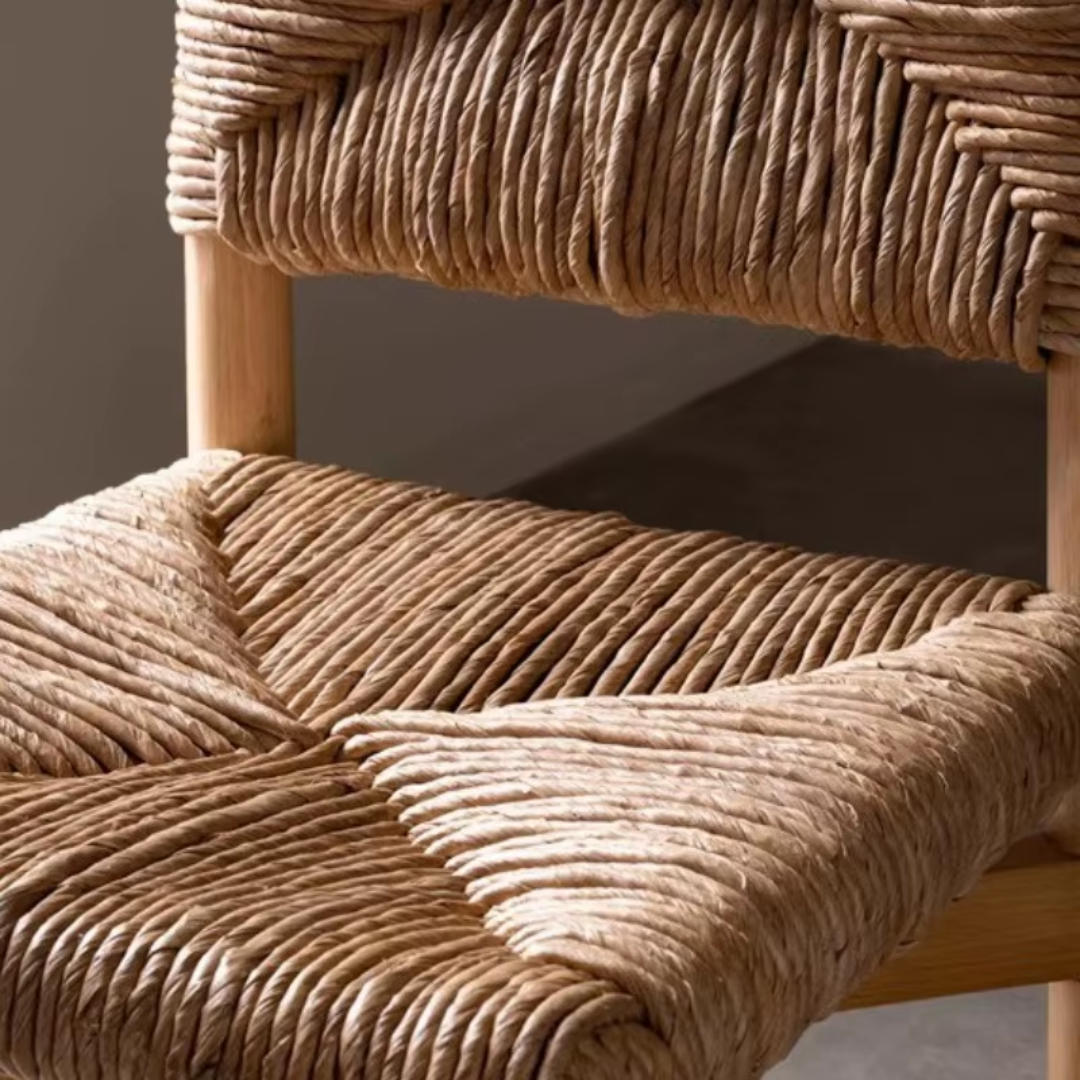 Close-up of a woven chair with natural fiber material.