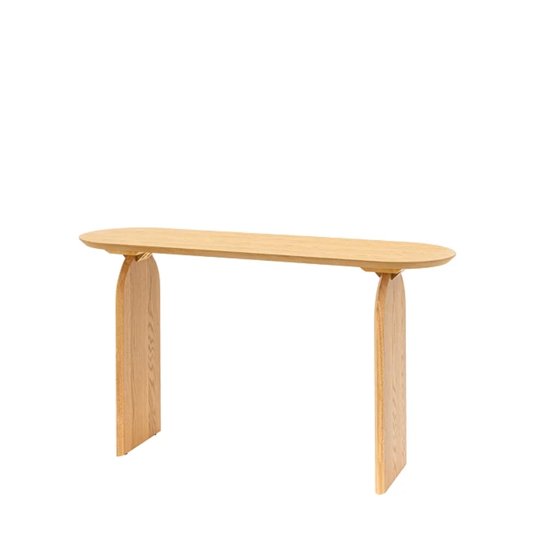  Sculptural Oak Hall Console Table with a minimalist design on a white background
