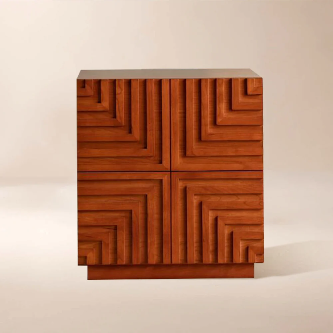 Wooden side table with geometric pattern on a beige background