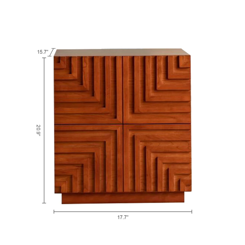 Wooden side table with geometric pattern and dimensions on a white background