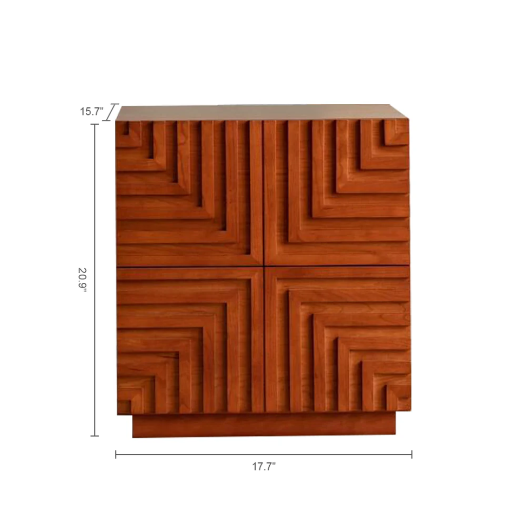 Wooden side table with geometric pattern and dimensions on a white background