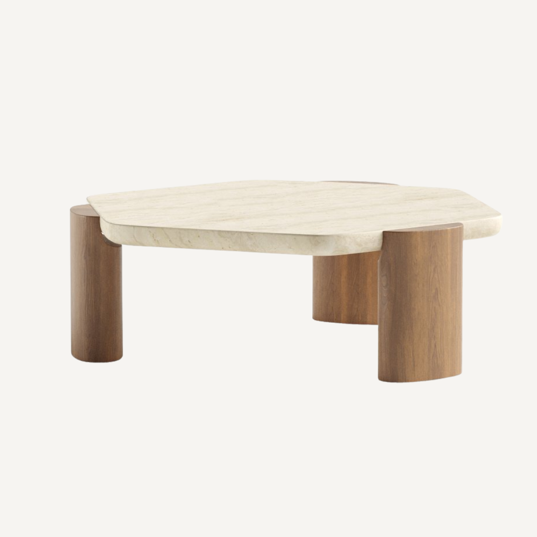 Curved Concrete Effect Coffee Table and wooden legs on a white background