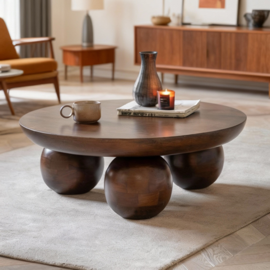 Walnut Round Coffee Table with spherical bases in a living room setting