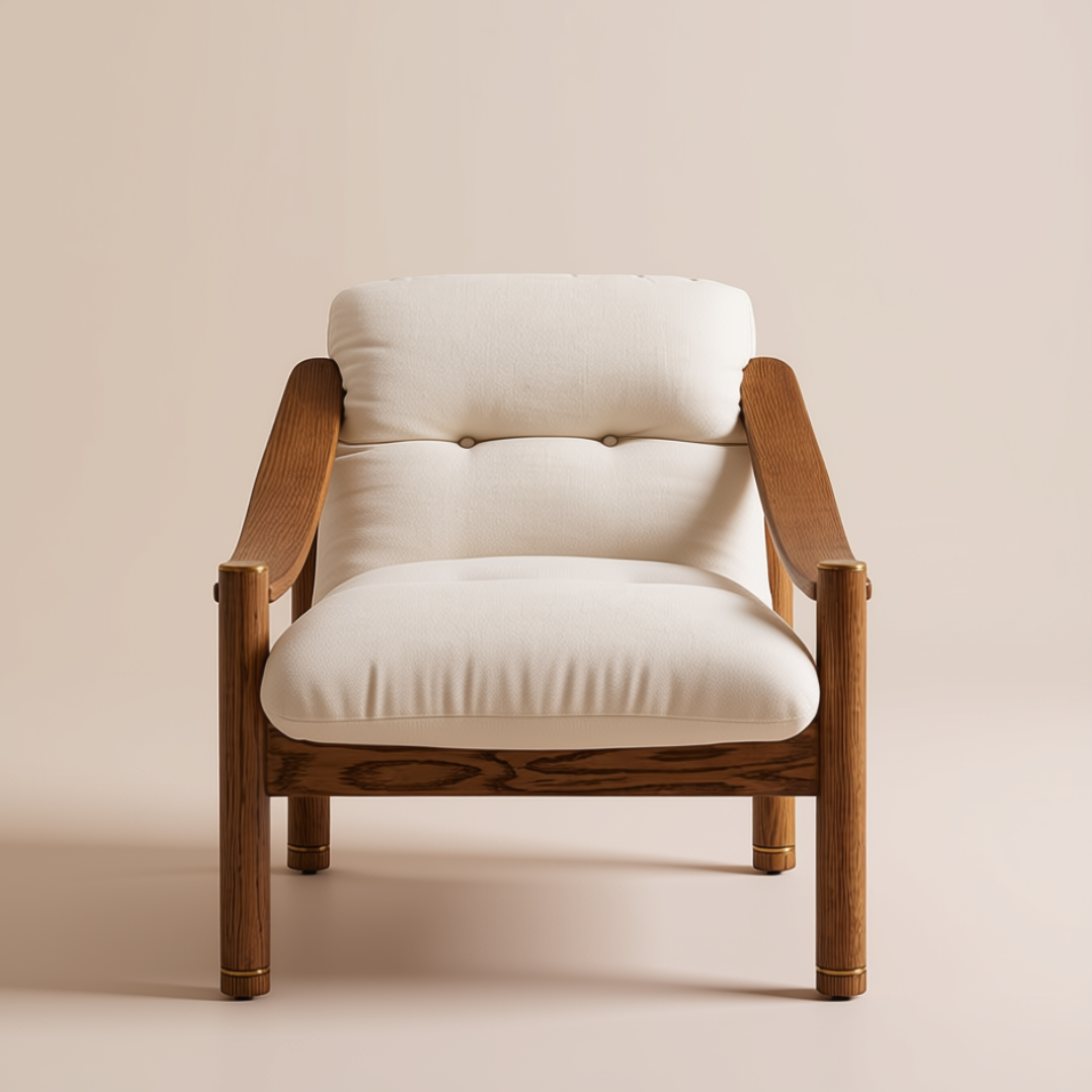 Linen Slingback Armchair with wooden frame and white cushion on a beige background