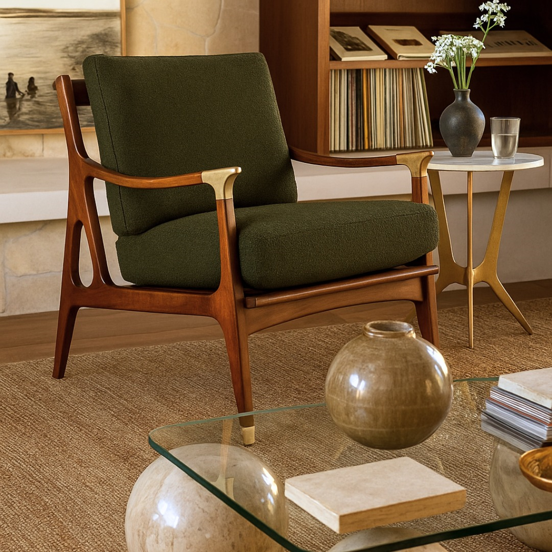 Roselle Dark Green Boucle Lounge Chair With Wood Frame