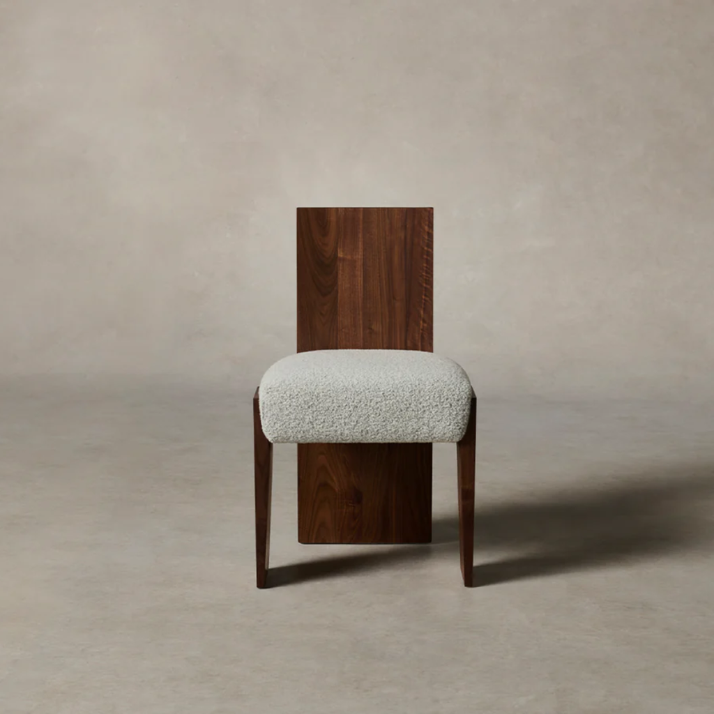 Boucle Dining Room Chair with walnut wood legs front view 
