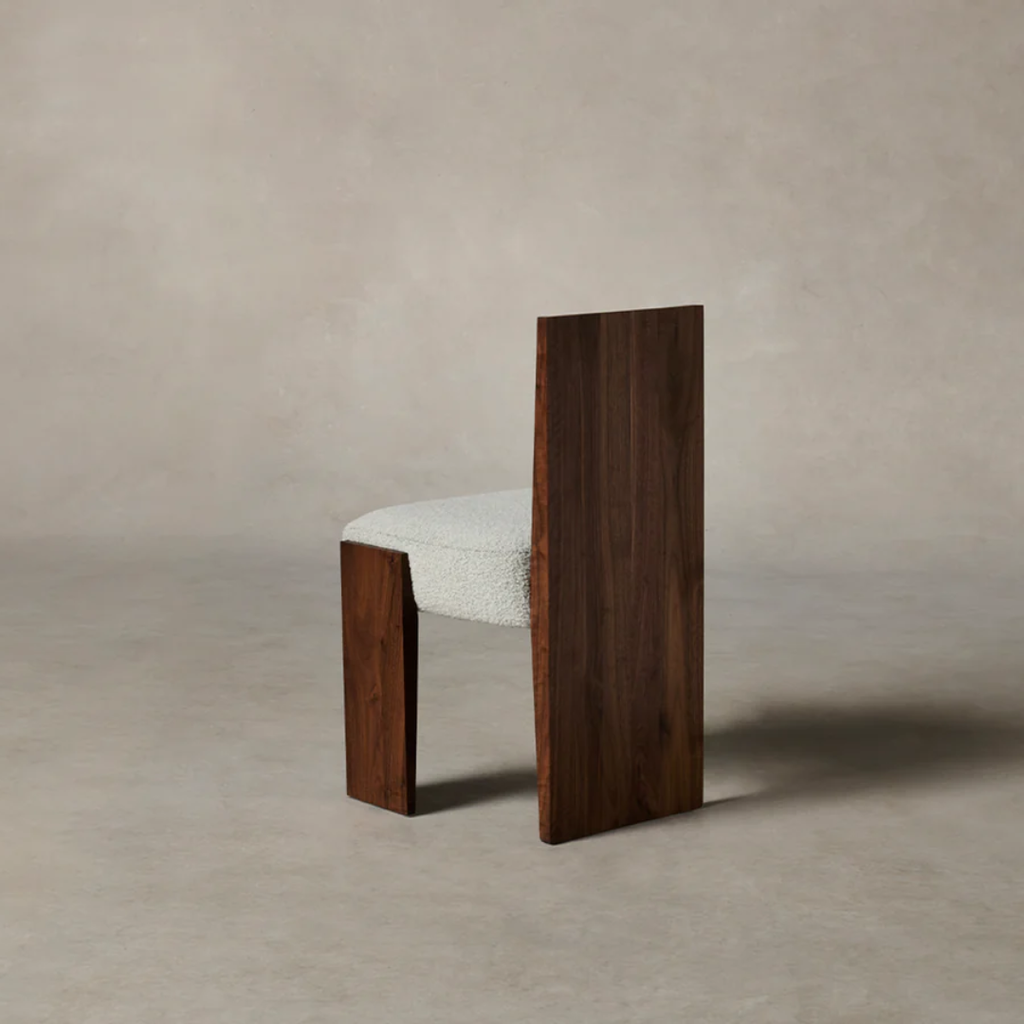 Boucle Dining Room Chair with walnut wood legs back view 