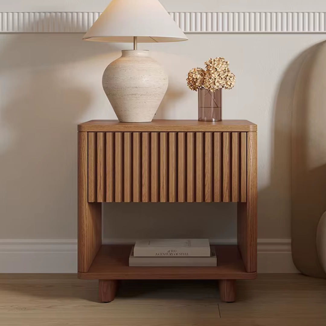 Fluted Bedside Table with Drawer and Shelf