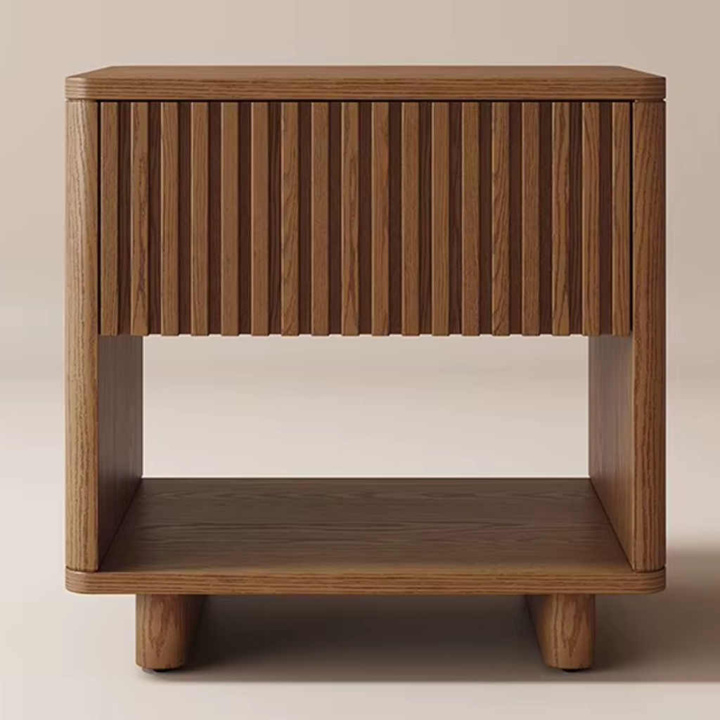 Fluted Bedside Table with Drawer and Shelf against a beige background