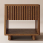 Fluted Bedside Table with Drawer and Shelf against a beige background