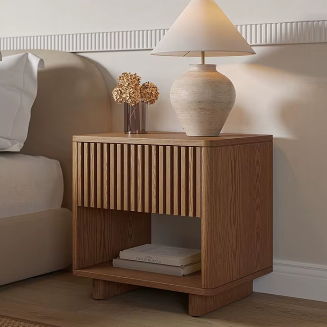 Fluted Bedside Table with Drawer and Shelf side view