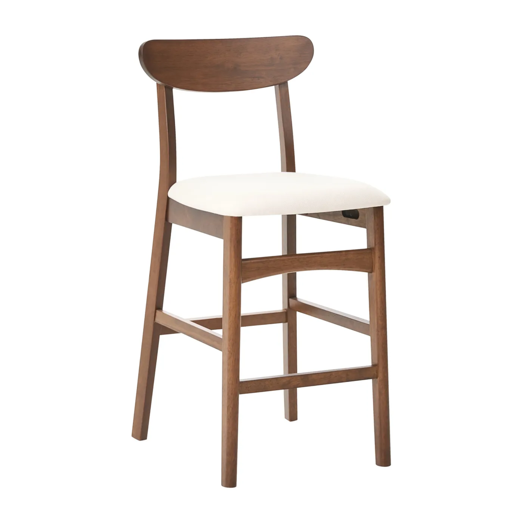 A wooden bar stool with a curved backrest, brown wood frame, and a cream-colored upholstered seat cushion, shown against a plain white background.
