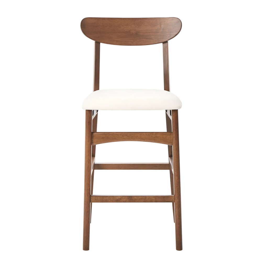 A wooden bar stool with a curved backrest, brown wood frame, and a cream-colored upholstered seat cushion, shown against a plain white background.