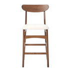 A wooden bar stool with a curved backrest, brown wood frame, and a cream-colored upholstered seat cushion, shown against a plain white background.